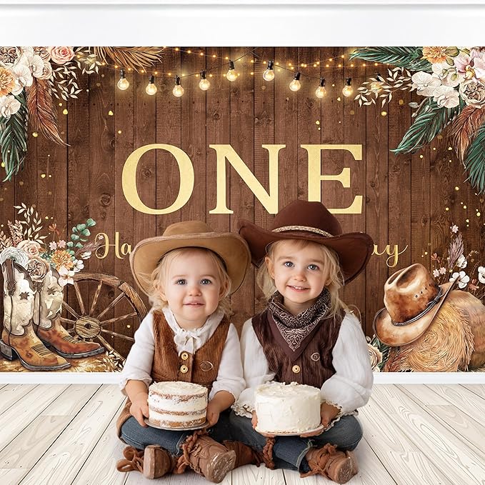 SVBright Western Cowgirl First Birthday Backdrop 5Wx3H One Year Old West Rustic Pampas Grass Country Wooden Flower Retro Boots Hat Decorations Photography Background Banner Photo Booth Studio