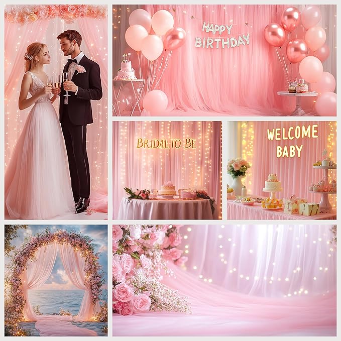 Tulle Curtain Backdrop with 300 LED Fairy Lights for Parites Wrinkle-Free Sheer Curtain Drapes Photo Back Drop for Wedding Baby Shower Bridal Shower Birthday Dance Home Décor - 10ft×10ft, Pink