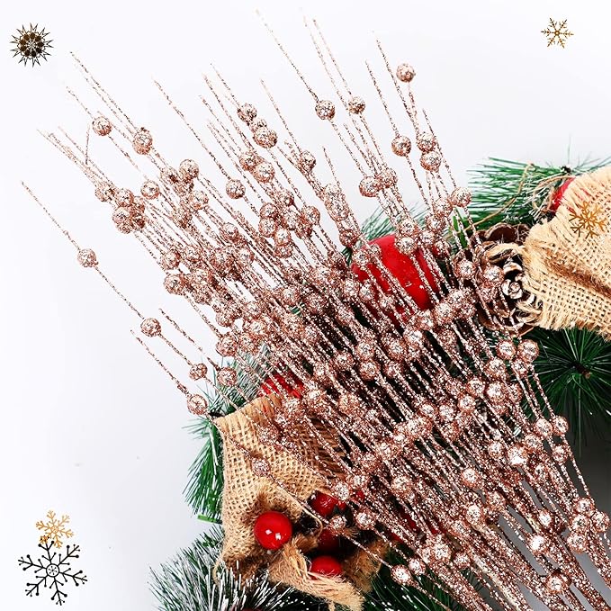 Geosar 30 Pcs Christmas Artificial Glitter Berry Stem Decorations 17 Inch Faux Stick Floral Pick Centerpiece Bouquet Flower Bead Twigs for Centerpiece Tree Wreath Xmas Ornaments Home(Rose Gold)