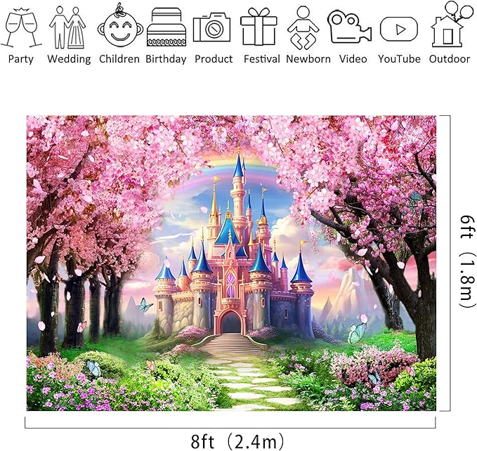 Riyidecor Princess Castle Backdrop Polyester Fabric Pink Sakura Rainbow Flowers Floral Fantasy Fairy Tale Wonderland 8Wx6H Feet Butterfly Photography Background Birthday Wedding Photo Studio Shoot