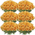 Jexine 50 Pcs Artificial Rose Flower Bulk Realistic Silk Fake Roses with Long Stem Plastic Artificial Flower Bouquet Real Looking for Home Wedding Centerpieces Party Decoration(Gold)