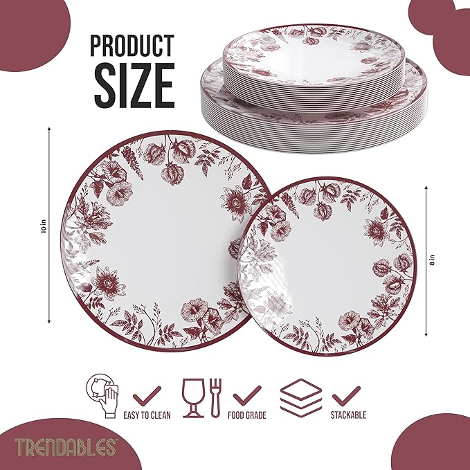 Trendables Plastic Plates For Party Supplies, Floral Disposable Plates For Party & Weddings 40 Pcs - 20 x 8 Dessert Plates & 20 x 10 Plastic Dinner Plates, Plate Set Disposable Dinnerware Sets