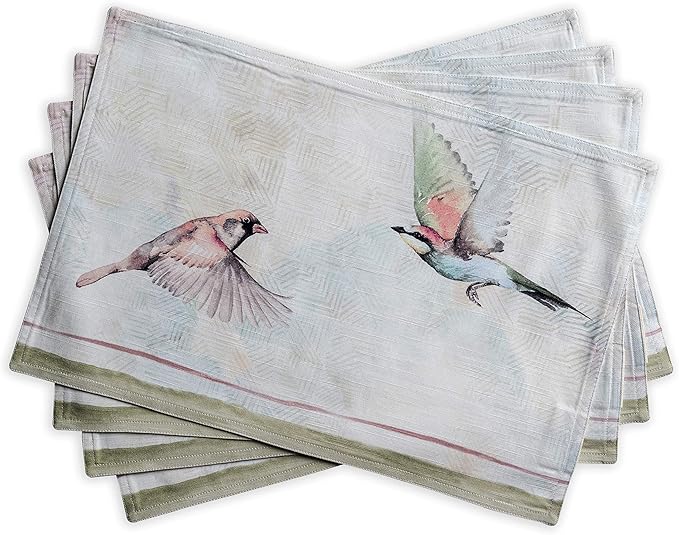 Maison d' Hermine Placemats Set of 4 100% Cotton Washable Cloth Place Mats, Reusable Table Mats for Kitchen Dining Decoration, Party, Wedding, Restaurant Spring/Summer (Flying Birds, 13" x 19")