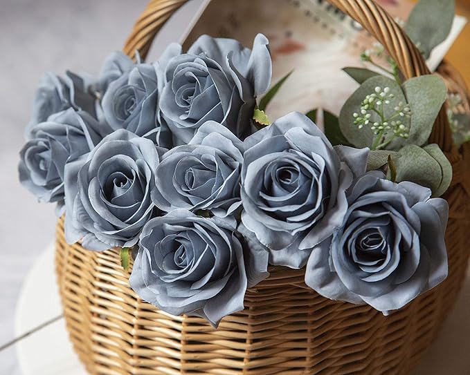 DuHouse 10pcs Fake Roses Artificial Silk Flowers Faux Dusty Blue Rose Flower Long Stems Bouquet for Arrangement Wedding Centerpiece Party Home Kitchen Decor (Dusty Blue)