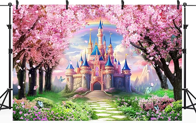 Riyidecor Princess Castle Backdrop Polyester Fabric Pink Sakura Rainbow Flowers Floral Fantasy Fairy Tale Wonderland 8Wx6H Feet Butterfly Photography Background Birthday Wedding Photo Studio Shoot