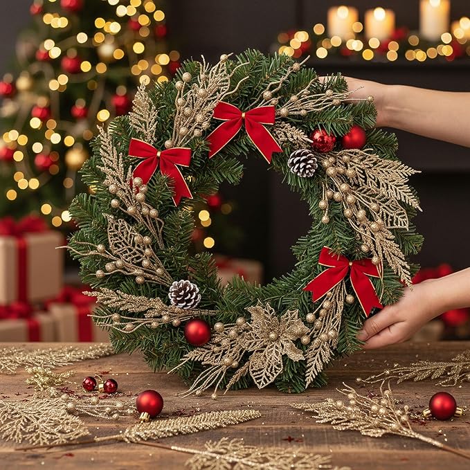 30 Pcs Artificial Christmas Tree Picks and Sprays Glitter Berry Stem Branches Holly Floral Picks Twigs Christmas Tree Ornaments for DIY Xmas Wreath Vase Filler Decorations(Champagne)