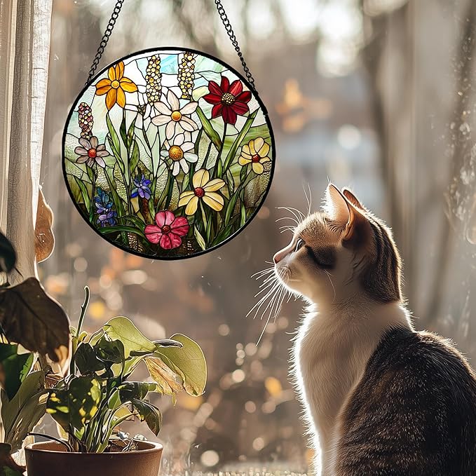 Stained Glass Window Hanging, Colorful Wildflowers Plant Scenery Suncatcher for Doors Window Home White Green Sun Catchers Decor Mother's Day Birthday Gifts for Women, Men Mom 9.8 in
