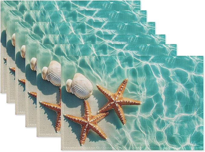 Beach Starfish Placemats Set of 6,Sea Washable Kitchen Dining Linen Table Mats for Home Party Dinner Indoor Outdoor 12x18Inch