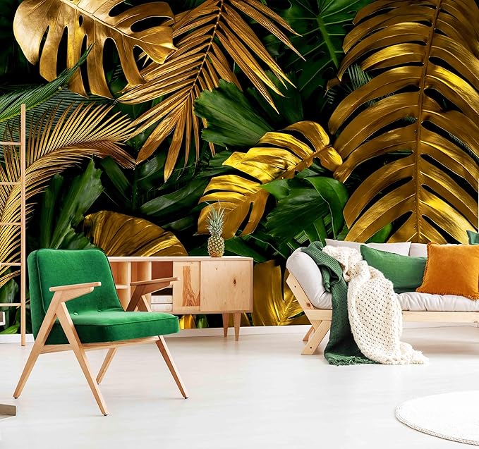 WFBHUA-Green and Gold Palm Leaf Wallpaper Peel and Stick Tropical Jungle Self Adhesive Wall Mural for Living Room Bedroom