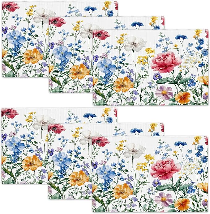 Poppy Floral Placemats Set of 6, Watercolor Wildflower Place Mats, Leaves Spring Dining Table Mats, Washable Flower Placemats for Kitchen Dining Room Home Decor 18L'' × 12W''
