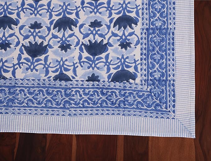 ATOSII Positano Blue 100% Cotton Rectangle Fall Tablecloth, Handblock Floral Linen Table Cloth for Kitchen Dining Table I Parties Wedding Christmas Thanksgiving I Fall Decor 60 X 108 Inches I 8 Seater