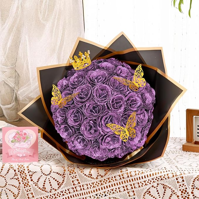 Waipfaru Glitter Roses Bouquet, DIY Lilac Fake Flowers Bouquet, Birthday Gifts for Women Mom, 36 Pcs Rose for Grandma Wife Girlfriend Valentines, Mothers Day, Anniversary, Graduation