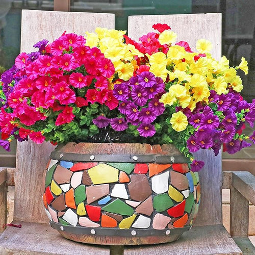 16PCS Artificial Fake Outdoor Flowers Plants, Faux Silk Realistic Morning Glory Floral Arrangement Planter UV Resistant for Porch Patio Window Box Balcony Garden Decor (Eucalyptus 4 Colors)