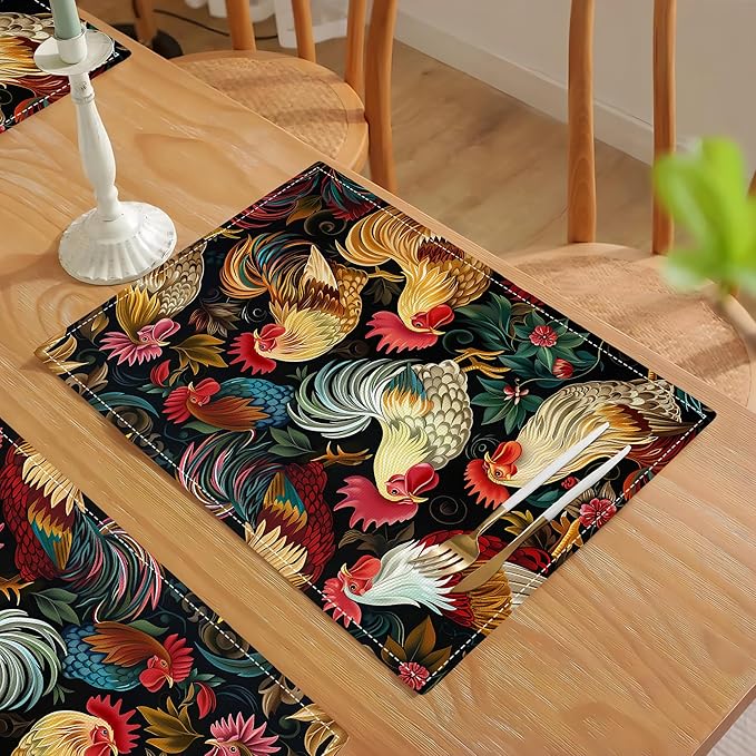 Rooster Placemats Set of 6 Rustic Country Farm Chicken Table Mats Washable Place Mats for Home Party Indoor Kitchen Dining Table Decoration 12x18 Inch