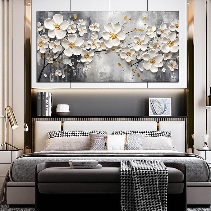 Large Pictures for Living Room - White Flower Canvas Wall Art for Bedroom - Modern Wall Decor for Office Women Size 29" x 59"