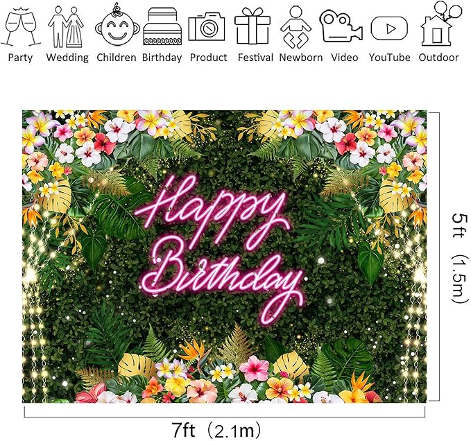 Riyidecor Happy Birthday Backdrop for Women Fabric Floral Green Leaves Pink Neon Girl Summer Hawaii Flower Plant 7Wx5H Feet Lights Botanical Photography Background Birthday Photo Studio Shoot
