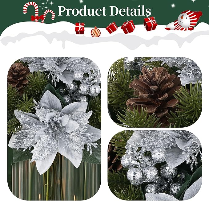 BLOSMON Poinsettias Artificial Christmas Flowers: 2 Pcs Silver Glitter Fake Christmas Floral Ball Centerpieces for Tables Decoration Silk Faux Poinsettia Holiday Flower Arrangement Xmas Plants Decor