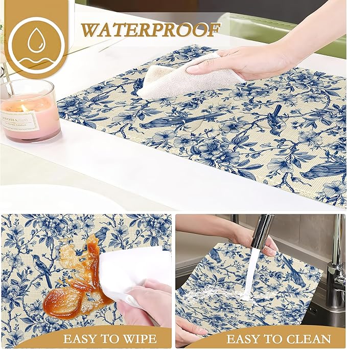 Vintage Flower Bird Placemats Set of 6, 12x18 Inch Waterproof Stain Resistant Linen Table Placemats Summer Seasonal Farmhouse Kitchen Party Decor Home Decor