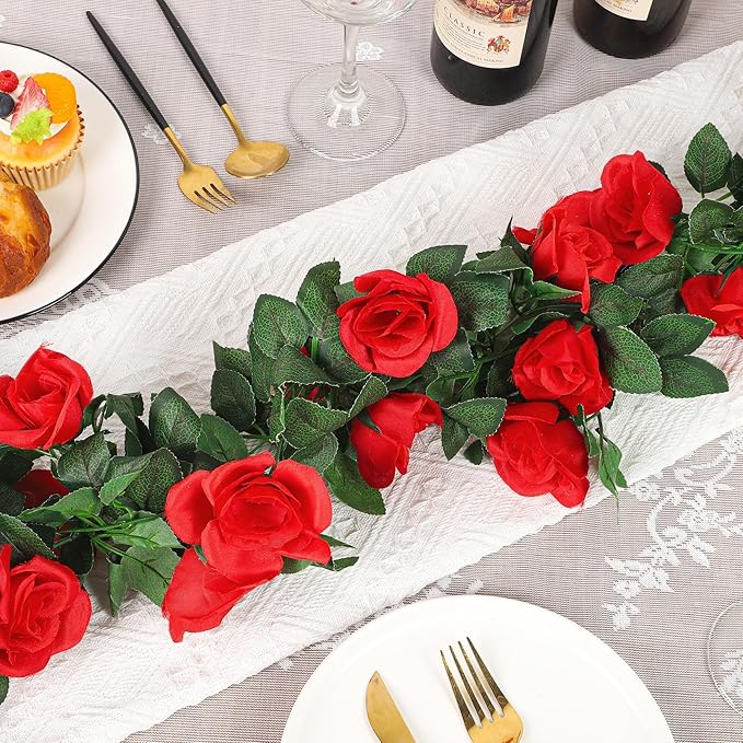 Aneco 8 Pack 64 FT Red Flower Garland Artificial Rose Vines Roses Fake Vine Flowers Plants Party Supplies for Holiday Wedding Garden Craft Art Decoration