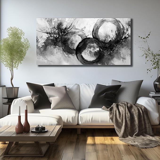 JuhaiArt Black Wall Art Large Abstract Picture Wall Decor White Canvas Art Circle Modern Artwork for Living Room Office 24"x 48"