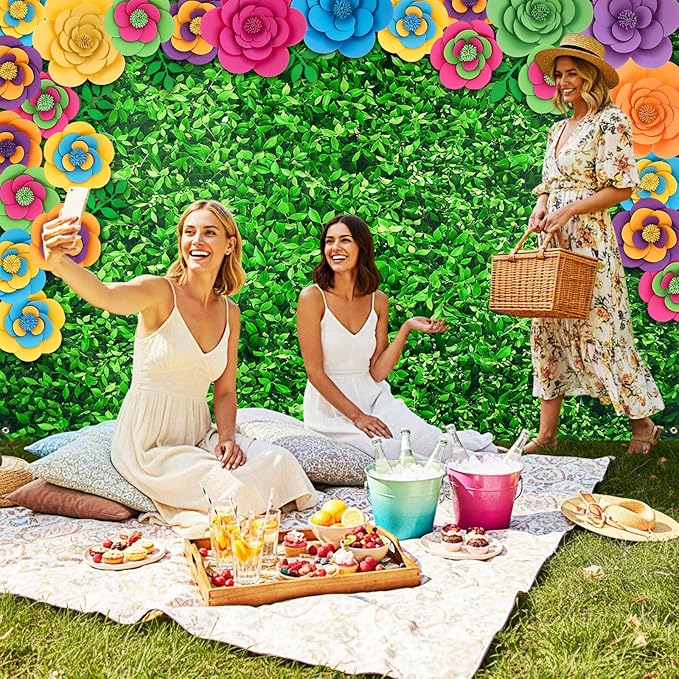 Frienda 36 Pcs DIY Paper Flower Decor Set with 83x59 Inch Custom Background Cloth and Rope, Artificial 3D Flower Wall Decor for Wall Bulletin Board Wedding Halloween Mexican Festive Party(Grass)