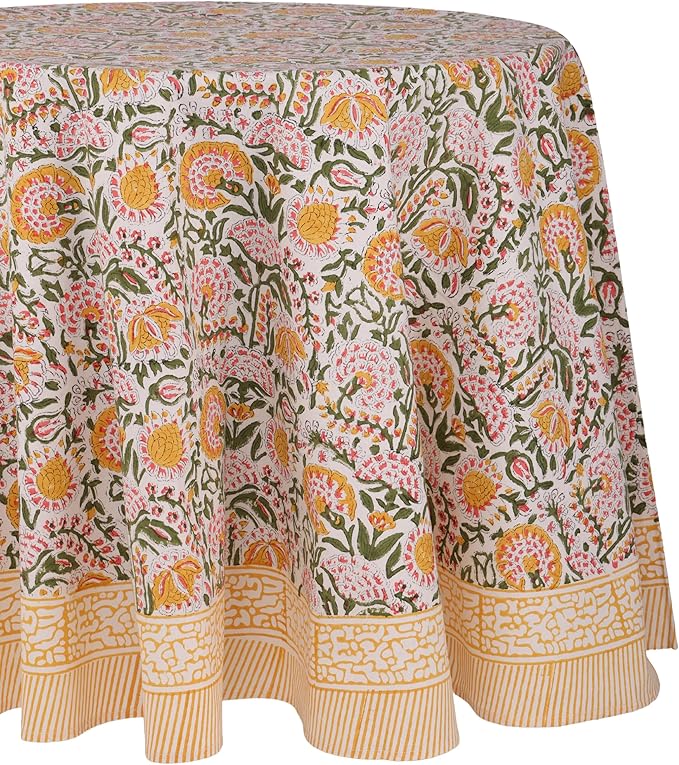 ATOSII Clover Yellow 100% Cotton Round Tablecloth, Handblock Print Floral Table Cloth for Kitchen Dining Linen I Parties, Weddings, Outdoors, Christmas, Thanksgiving I Fall Home Decor 72" Inches Round