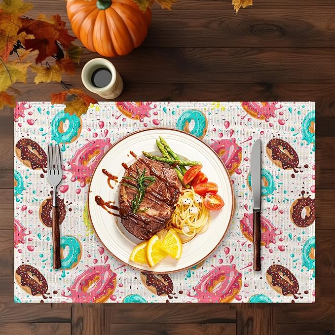 Doughnut Placemats Set of 6,Washable Heat Resistant 12×18 Inch Linen Table Mats Cute Place Mats for Party Outdoor Dining Décor