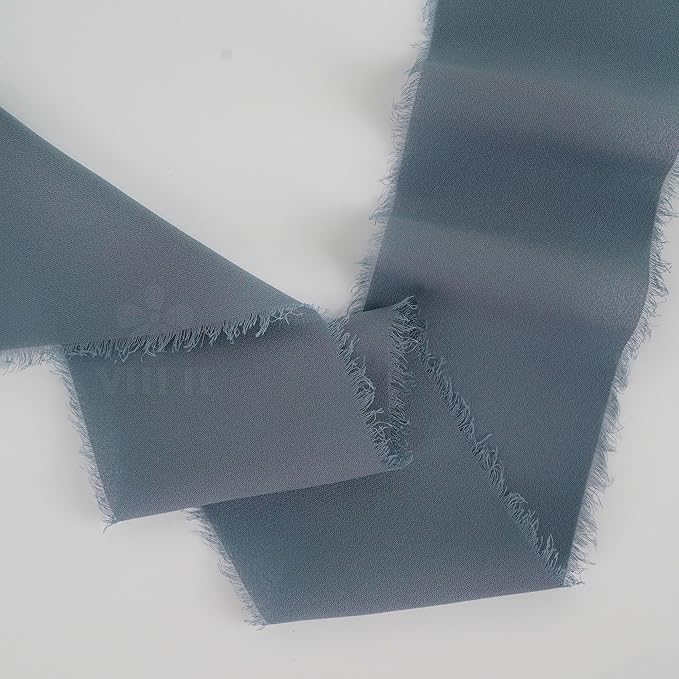 MEEDEE Dusty Blue Chiffon Ribbon 3 Inch Fringe Ribbons Slate Blue Chiffon Silk Frayed Edge Ribbon Wide Chiffon Ribbons for Crafts, Flower Bouquet, Wedding Favors Wrapping (2 Rolls 10 Yards)