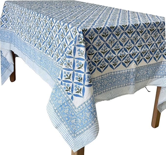 ATOSII Netta Blue 100% Cotton Rectangle Boho Fall Tablecloth, Handblock Floral Table Cloth Linen for Kitchen Dining I Parties Wedding Outdoors Farmhouse Grandmillennial I 72 X 108 Inches I 8 Seater