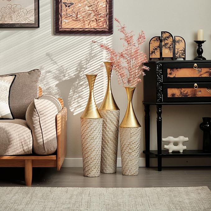 Floor Oversized Gold Metal Decorative Vase with 3D Triangle Pattern Set of 3 Large Vases for Home Living Room 33.5 ", 29.5 ", 25.2" High (Champagne)