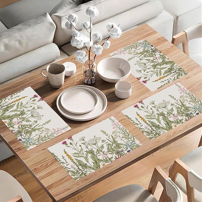Wild Flowers Placemats Set of 4,Vintage Floral Plant 12x18 Inch Non-Slip Washable Heat Resistant Linen Fabric Table Mats,Place Mats for Holiday Party