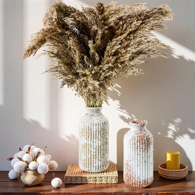 Ceramic Flower Vase Home Décor, 9.25 Inch Rustic Farmhouse Vase, Ribbed Vintage Vase, Pottery Decorative Vases for Living Room, Entryway Table, Shelf, Kitchen Island, Coffee Table(Mottled-Gray)