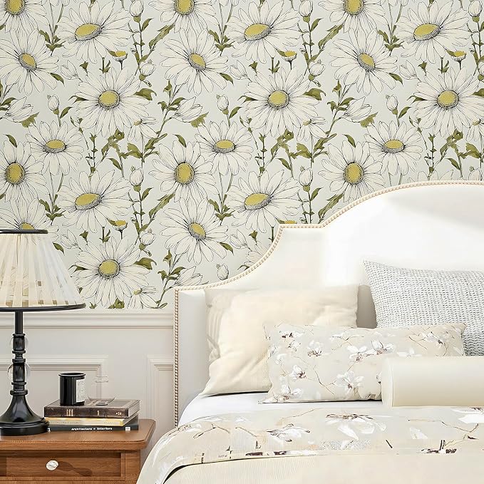Boho Wallpaper Peel and Stick Daisy Floral Wallpaper 17.5in x 9.8ft Vintage Leaf Contact Paper Vinyl Self Adhesive Removable Modern Floral Wall Paper for Bedroom Walls Cabinet Drawer