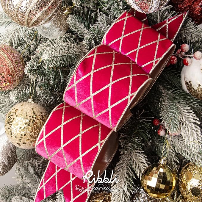 Ribbli Hot Pink Velvet Ribbon Wired with Glitter Diamond Grid 4 Inch Christmas Ribbon for Christmas Tree Decoration Big Bow Gift Wrapping Crafts Wreaths Garland Supplies - 10 Yards
