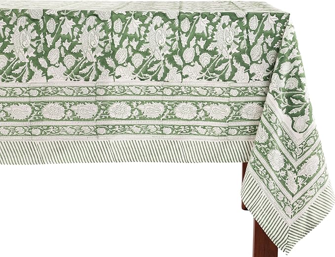 ATOSII Meraki Green 100% Cotton Rectangle Tablecloth, Hand Block Print Washable Table Cover, Dining, Christmas Parties, Outdoors, Weddings, Thanksgiving, Halloween, Fall Decor 60 X 90 Inches, 6 Seater