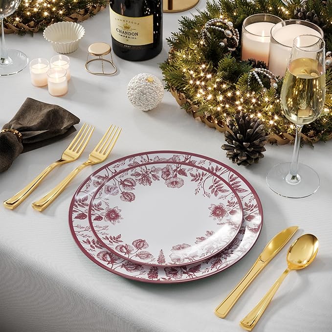 Trendables Plastic Plates For Party Supplies, Floral Disposable Plates For Party & Weddings 80 Pcs - 40 x 8 Dessert Plates & 40 x 10 Plastic Dinner Plates, Plate Set Disposable Dinnerware Sets