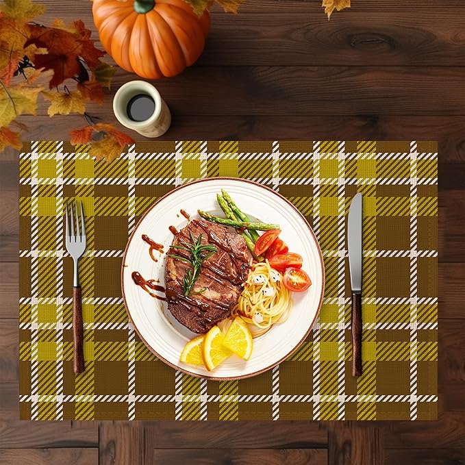Fall Plaid Placemats Set of 6,Washable Heat Resistant 12×18 Inch Linen Table Mats, Place Mats for Thanksgiving, Christmas, Autumn Dining Decor