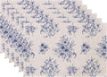 LilyCat Linen Fabric Blue Floral Placemats, Waterproof Durable Boho Dining Table Mats for Kitchen, Rustic Vintage Washable Place Mats Set of 6, 18’’× 12’’