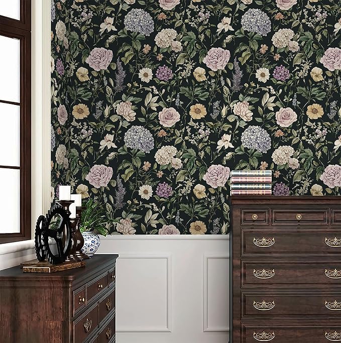 HeloHo Vintage Floral Peel and Stick Wallpaper 17.3"x393.7" Boho Contact Paper Dark Flower Self-Adhesive Removable Wallpaper Renter Friendly Botanical Wall Paper for Cabinets Bedroom Vinyl Rolls