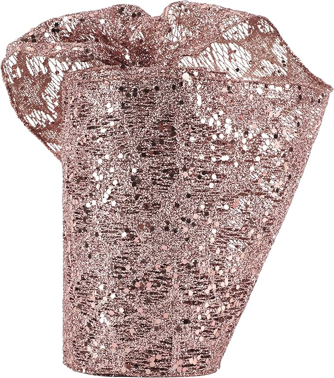 MEEDEE 6 Inch Wide Wired Ribbon Rose Gold Glitter Mesh Web Wired Edge Ribbon by 10 Yards Roll Rose Gold Wired Ribbons for Christmas Tree, Garland, Holiday Wreaths, Bows, Centerpiece, Gift Wrapping