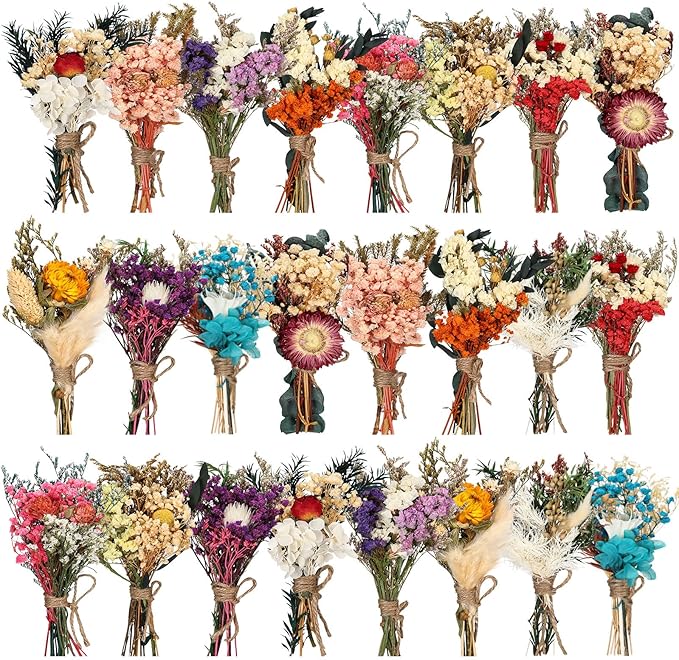 Layhit 24 Pcs Boho Dried Flower Bouquet Mini Wedding Handmade Dry Flowers Decor for Vase Crafts DIY Photo Boutonniere for Men Floral Plant for Bridesmaid Gift Birthday Decor(Colorful)