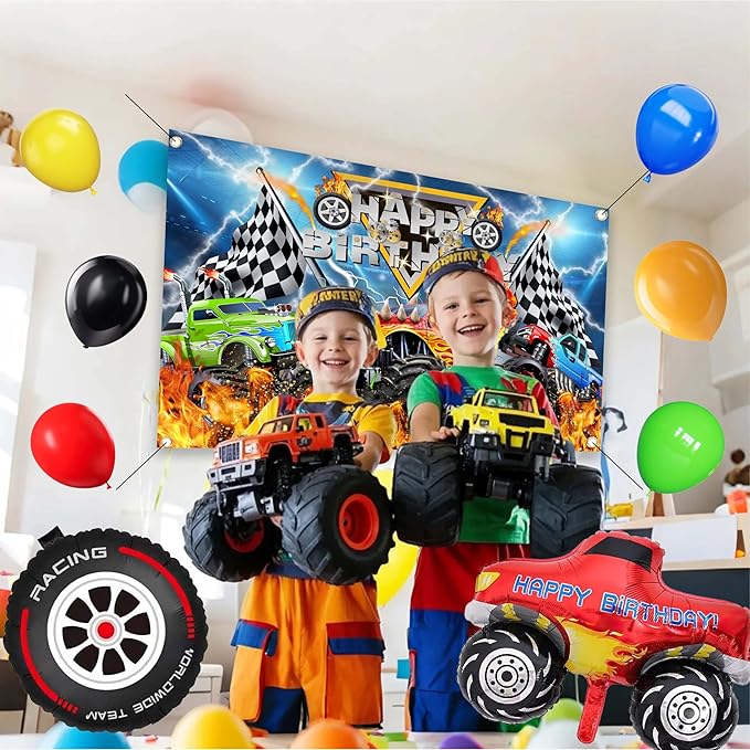 Monster Truck Birthday Party Decorations Men,Happy Birthday Banner,Balloon Arch Kit,Foil Balloons,Cake toppers