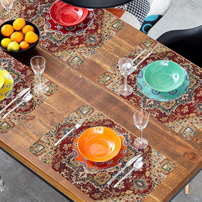 Retro Boho Carpet Placemats Set of 4,Boho 12x18 Inch Non-Slip Washable Heat Resistant Linen Fabric Table Mats,Place Mats for Holiday Party