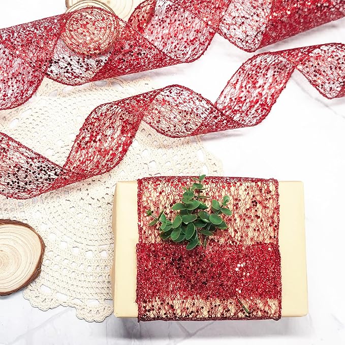 CT CRAFT LLC Sparkling Glitter Mesh Wired Ribbon 4" x 10 Yards Red for Christmas Home Decor Bow Gift Wrapping DIY Crafts Wreath