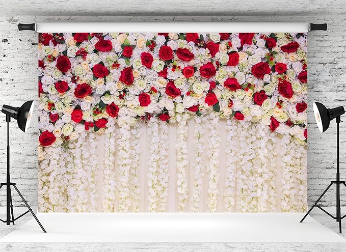 MAEQLQLM 9x6ft Wedding Flower Wall Backdrop Romantic Red White Floral Wall with Hanging Flowers Photography Background for Wedding Party Decor Bridal Shower Photo Booth Props