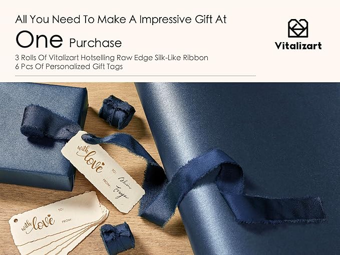 Vitalizart Blue Wrapping Paper Set 17" Pearly-Lustre With Silk Like Satin Ribbon & Gift Tags Recyclable Christmas Gift Wrapping Birthday Baby Shower Wedding Handmade Crafts 197"(16.4 Ft)
