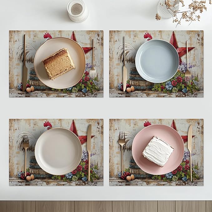 Farmhouse Chicken Placemats Set of 6 Washable Table Retro Rooster Heat-Resistant Cotton Linen Place Mats for Dining Table Kitchen Indoor Outdoor Party Holiday Decor