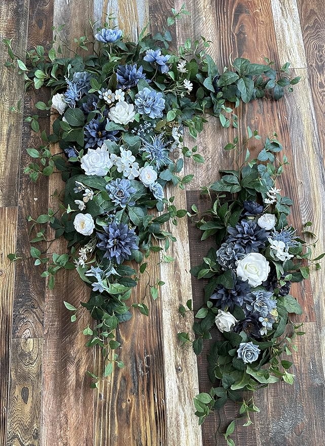 Wedding Arch Flowers with Drapes Kit (Pack of 5) - 2pcs Artificial Dusty Blue & Cream Deluxe Swag with 3pcs Hanging Drapes for Wedding Ceremony Arbor Reception Backdrop Rose Floral Decorations