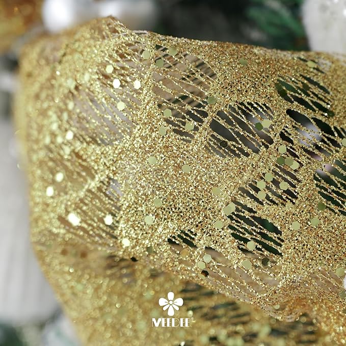 MEEDEE Gold Glitter Mesh Star Web Ribbon 10 Inch Wide by 10 Yards Roll Gold Mesh Fabric Ribbons Decorative Mesh Ribbon for Christmas Tree, Garland, Holiday Crafts, Wreaths, Bows, Home Decor
