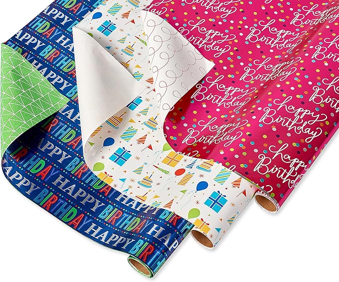American Greetings Reversible Birthday, Baby, Wedding, and All Occasion Wrapping Paper, Unicorns and Dinosaurs (9 Rolls, 225 sq. ft.)
